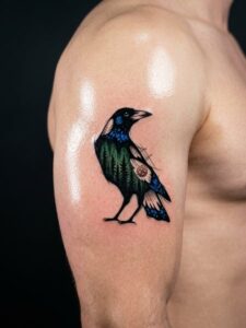 Raven with Forest Silhouette Shoulder Tattoo Design Inkbulb