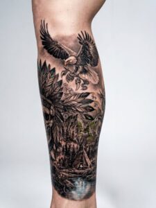 Eagle and Native American Landscape Leg Tattoo Design Inkbulb