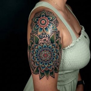 Colorful Layered Mandala Shoulder Tattoo Design Inkbulb