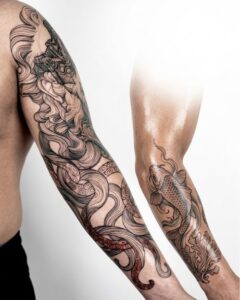 Koi Fish and Octopus Tentacles Sleeve Tattoo Design Inkbulb