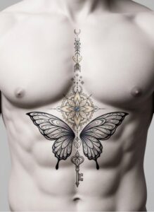 Butterfly with Mandala and Skeleton Key Sternum Tattoo Design Inkbulb