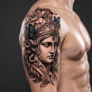 Greek Goddess Portrait with Butterflies Shoulder Tattoo Design Inkbulb