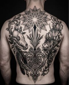 Animal Skull with Mandala and Irises Full Back Tattoo Design Inkbulb