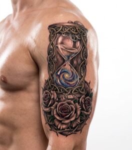 Hourglass with Galaxy and Roses Arm Tattoo Design Inkbulb