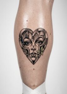 Mechanical Heart with Woman's Face Leg Tattoo Design Inkbulb