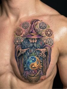 Wizard with Crystal Ball and Alchemy Symbols Chest Tattoo Design Inkbulb