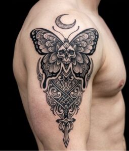Skull Butterfly and Crescent Moon Shoulder Tattoo Design Inkbulb