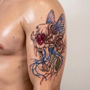 Sabretooth Skull with Mechanical Wings Arm Tattoo Design Inkbulb