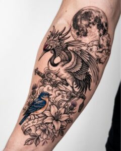 Japanese Crane and Bluebird with Full Moon Arm Tattoo Design Inkbulb