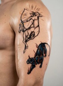 Centaur Archer and Flaming Black Panther Arm Tattoo Design Inkbulb