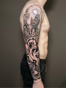 Praying Robot Hands and Filigree Sleeve Tattoo Design Inkbulb