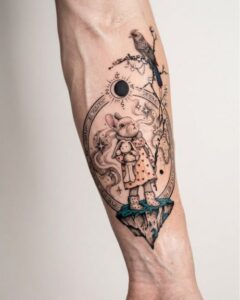 Rabbit with Stuffed Bunny Celestial Arm Tattoo Design Inkbulb