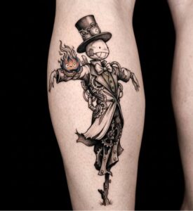 Steampunk Scarecrow with Calcifer Leg Tattoo Design Inkbulb