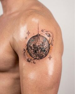 Disco Ball and Planets Space Shoulder Tattoo Design Inkbulb