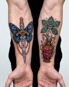 Butterfly Dagger and Potion Bottle Forearm Tattoo Design Inkbulb