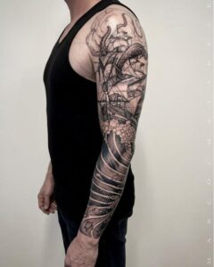 Giant Kraken Attacking Ship Full Sleeve Tattoo Design Inkbulb