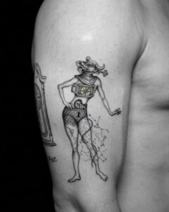 Surreal Creature with Compass and Star Map Arm Tattoo Design Inkbulb
