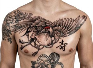 Japanese Crane and Peonies Chest Tattoo Design Inkbulb
