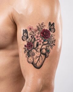 Anatomical Heart with Flowers and Pocket Watch Arm Tattoo Design Inkbulb