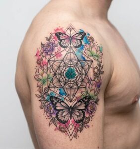 Geometric Butterfly and Flowers Watercolor Arm Tattoo Design Inkbulb