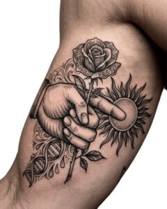 Hand Holding Rose with Sun and DNA Arm Tattoo Design Inkbulb