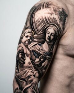 Virgin Mary and Child Jesus Religious Arm Tattoo Design Inkbulb