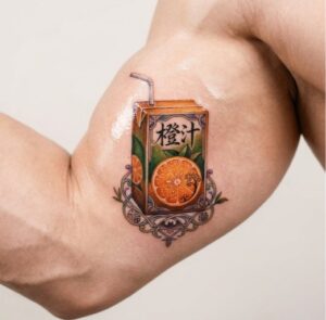 Orange Juice Box with Japanese Text Arm Tattoo Design Inkbulb