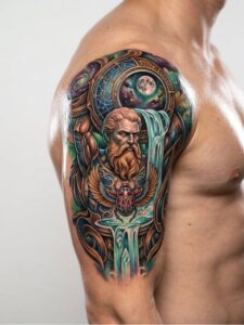 Poseidon Greek God with Scarab and Waterfall Arm Tattoo Design Inkbulb