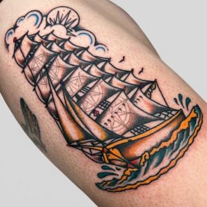 Traditional Sailing Ship on Waves Leg Tattoo Design Inkbulb