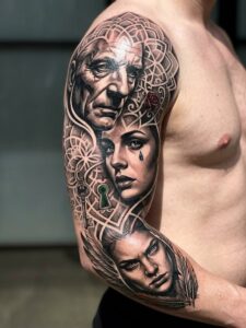Three Faces with Mandala and Key Sleeve Tattoo Design Inkbulb